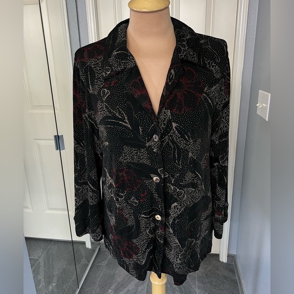Vintage Softwear by Mark Singer Black Floral Slinky Knit Button Up Shirt Retro - Picture 1 of 9